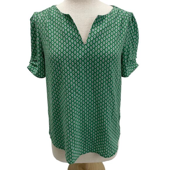 Carolina Belle Montreal Short Sleeve Geometric Pattern V Neck Blouse Green Small - Picture 1 of 7